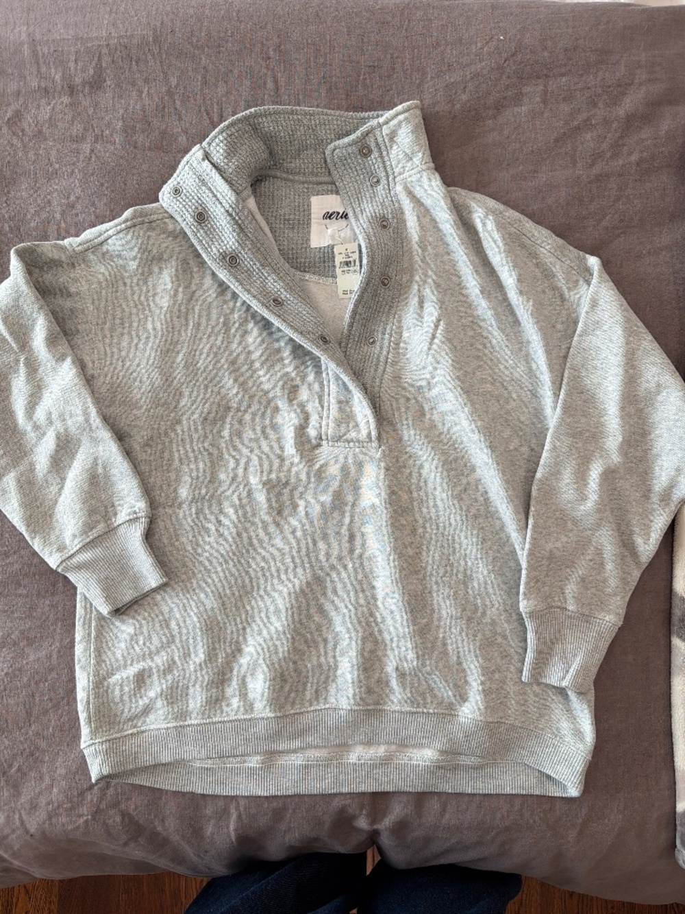 Aerie Oversized Half Snap Mock Neck Sweatshirt Gray XXS NWT